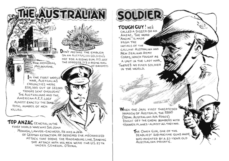 A two-page spread form the 1942 booklet Instructions for American Servicemen in Australia, given to US servicemembers in the South Pacific during WWII